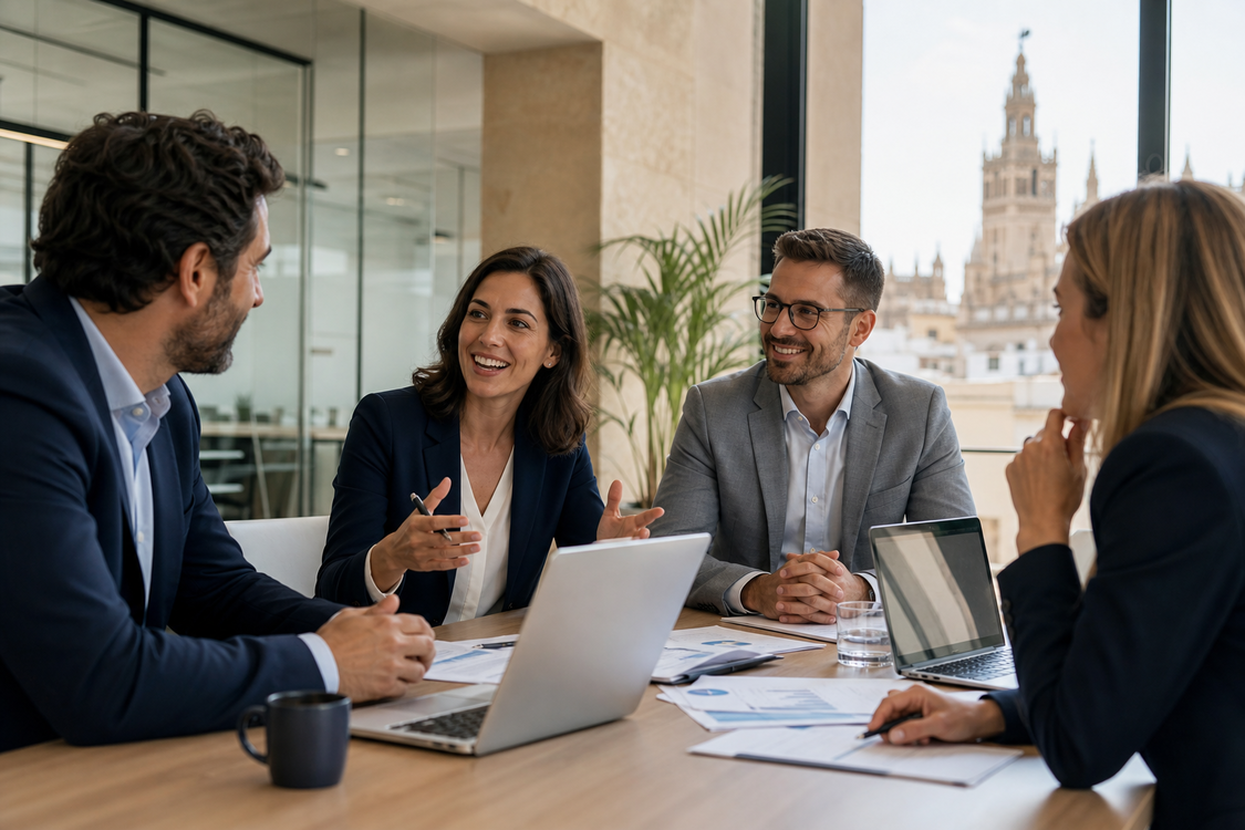 Equipo de asesoría fiscal en Sevilla en reunión corporativa